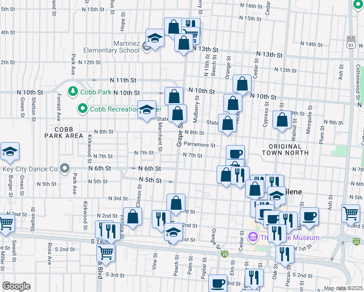 map of restaurants, bars, coffee shops, grocery stores, and more near 715 Grove Street in Abilene