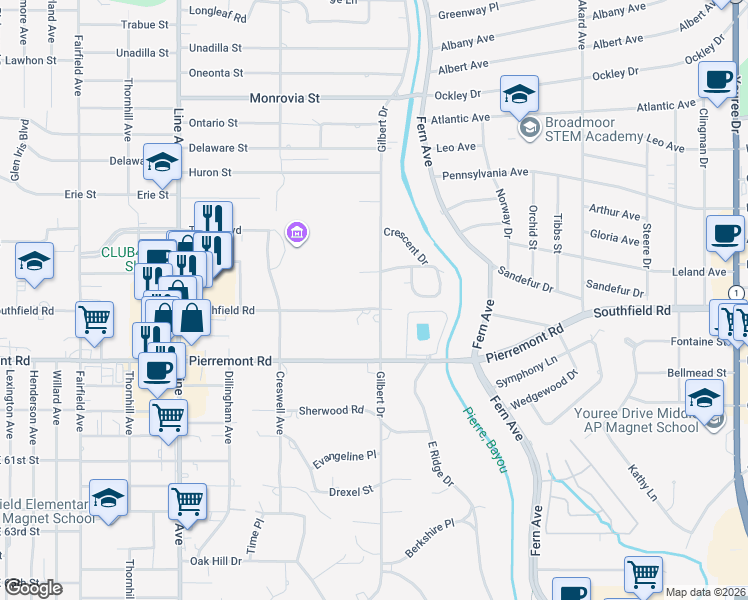 map of restaurants, bars, coffee shops, grocery stores, and more near 424 Southfield Road in Shreveport