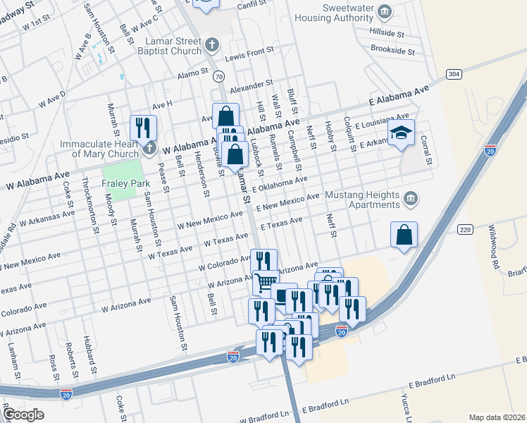 map of restaurants, bars, coffee shops, grocery stores, and more near 108 East New Mexico Avenue in Sweetwater