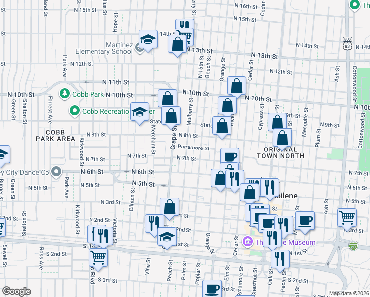 map of restaurants, bars, coffee shops, grocery stores, and more near 1547 Parramore Street in Abilene