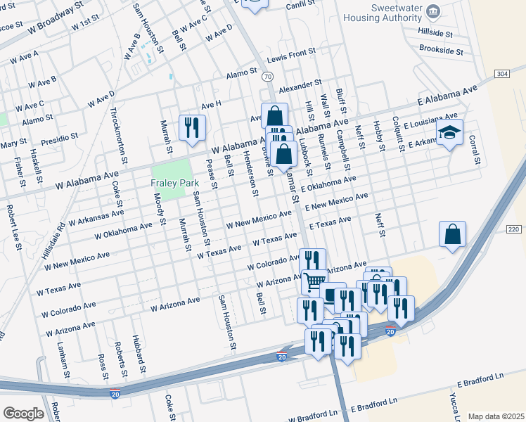 map of restaurants, bars, coffee shops, grocery stores, and more near 1207 Henderson Street in Sweetwater
