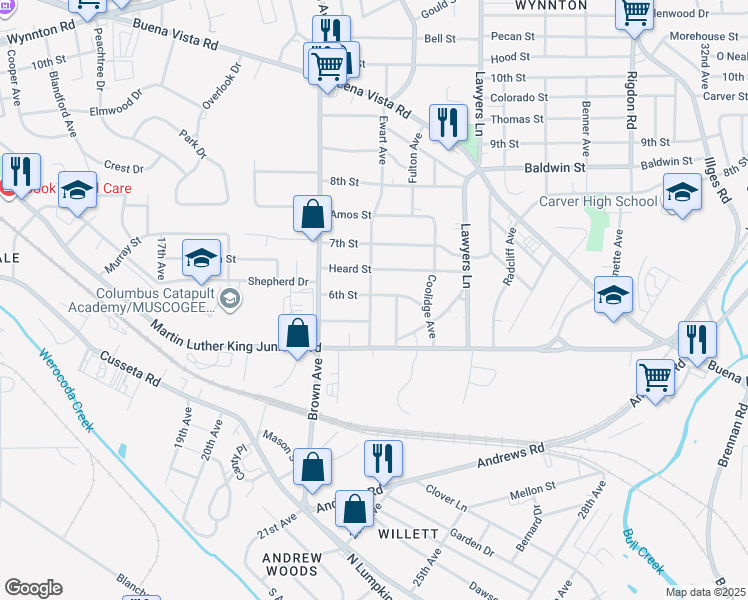 map of restaurants, bars, coffee shops, grocery stores, and more near 2302 6th Street in Columbus