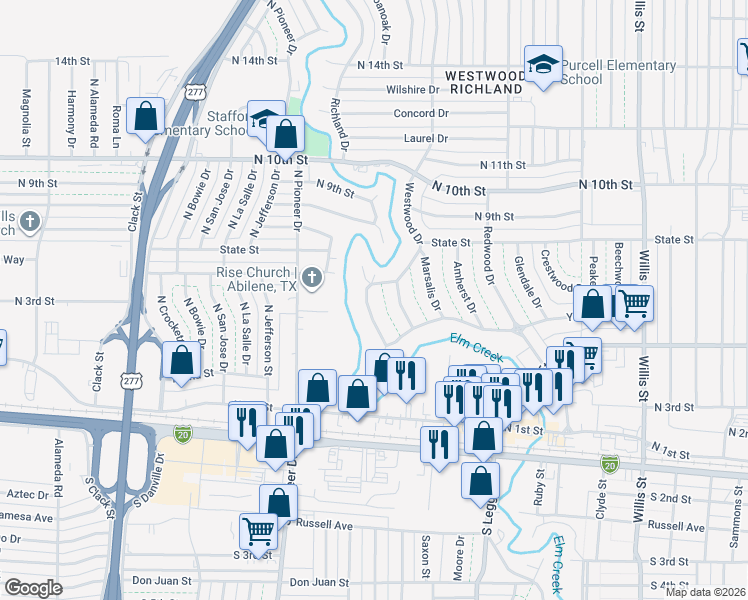 map of restaurants, bars, coffee shops, grocery stores, and more near 771 Westwood Drive in Abilene