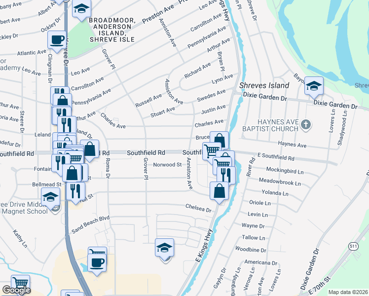 map of restaurants, bars, coffee shops, grocery stores, and more near 166 Southfield Road in Shreveport