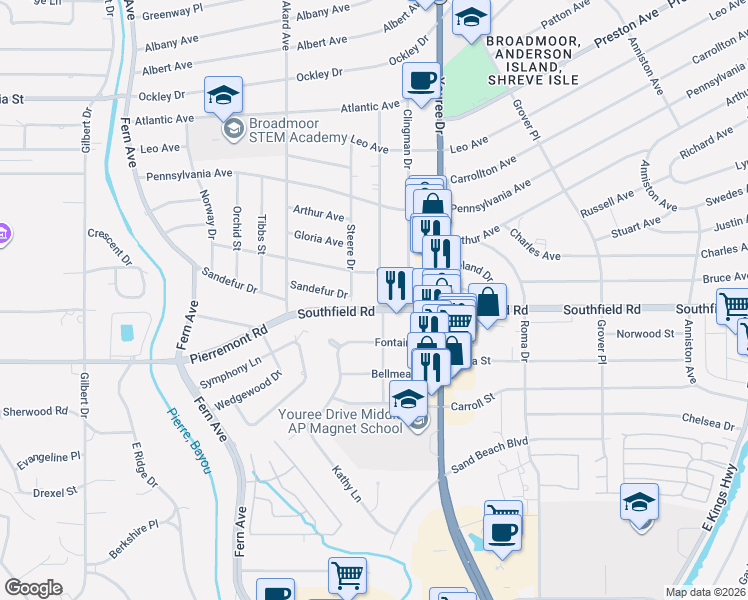map of restaurants, bars, coffee shops, grocery stores, and more near 4531 Finley Drive in Shreveport