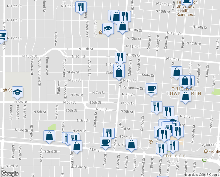 map of restaurants, bars, coffee shops, grocery stores, and more near 725 Merchant Street in Abilene