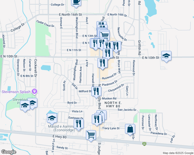 map of restaurants, bars, coffee shops, grocery stores, and more near 842 North Judge Ely Boulevard in Abilene