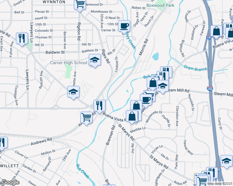 map of restaurants, bars, coffee shops, grocery stores, and more near 604 Morris Road in Columbus