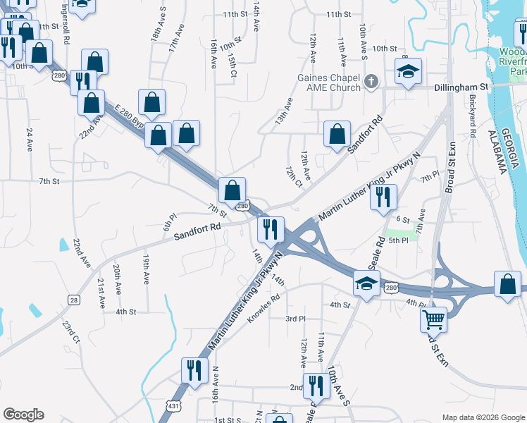 map of restaurants, bars, coffee shops, grocery stores, and more near 1500-1512 Hwy 1 in Phenix City