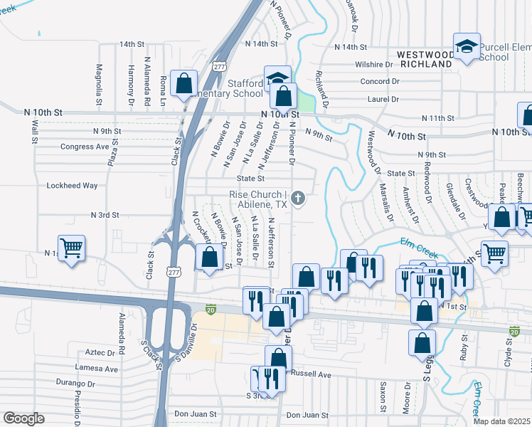map of restaurants, bars, coffee shops, grocery stores, and more near 642C North Jefferson Street in Abilene