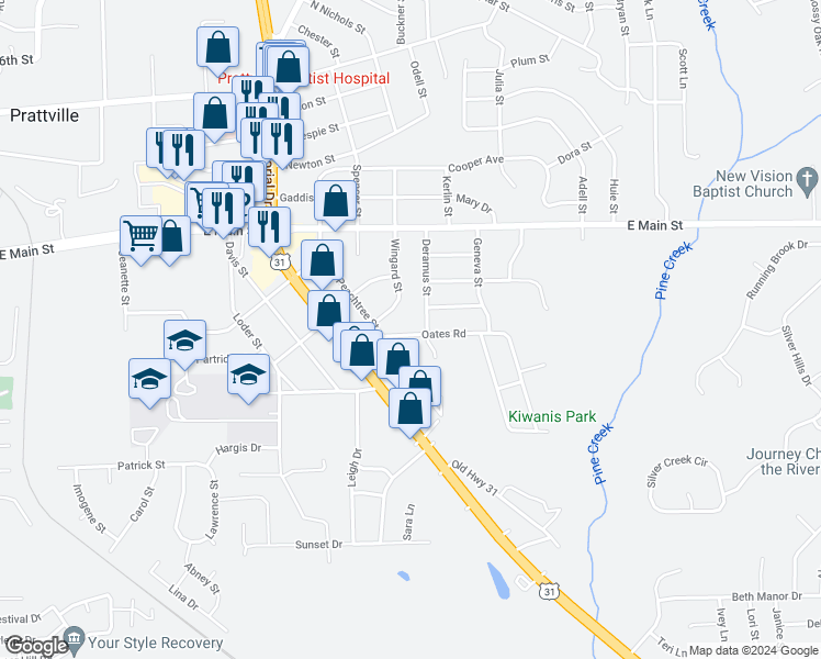 map of restaurants, bars, coffee shops, grocery stores, and more near 1027 Oates Road in Prattville
