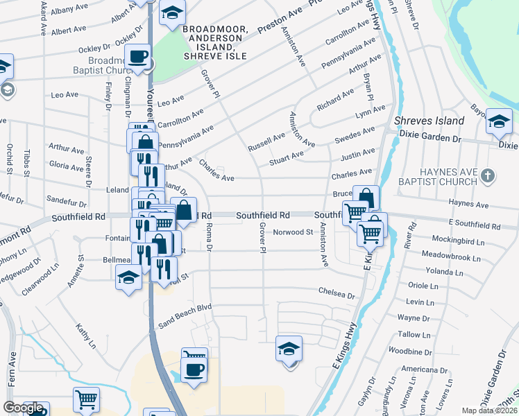 map of restaurants, bars, coffee shops, grocery stores, and more near 202 Southfield Road in Shreveport