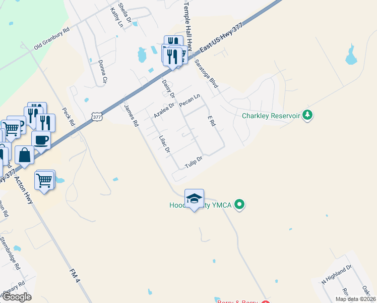 map of restaurants, bars, coffee shops, grocery stores, and more near 4509 Garden View Dr in Granbury