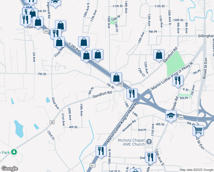 map of restaurants, bars, coffee shops, grocery stores, and more near 1603 7th Street in Phenix City