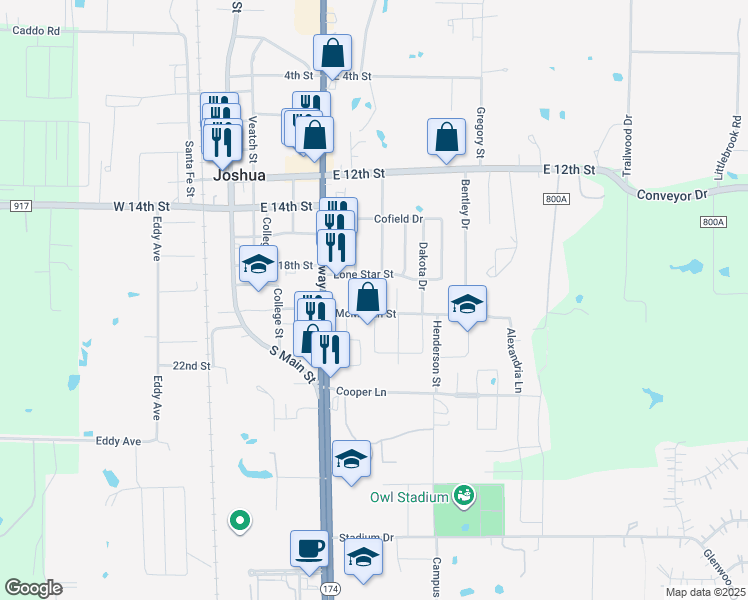 map of restaurants, bars, coffee shops, grocery stores, and more near 405 McMillain Street in Joshua