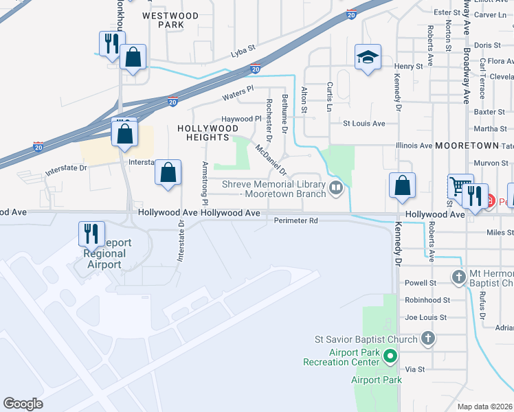 map of restaurants, bars, coffee shops, grocery stores, and more near 4910 Hollywood Avenue in Shreveport
