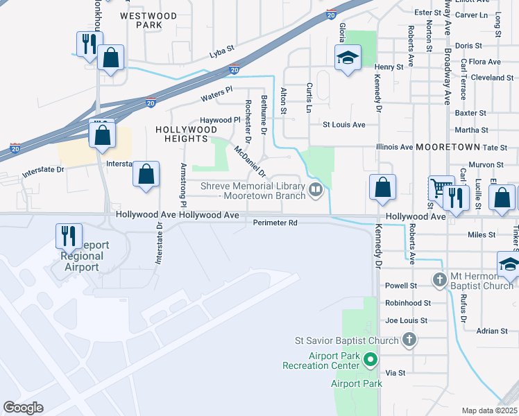 map of restaurants, bars, coffee shops, grocery stores, and more near 4828 Hollywood Avenue in Shreveport