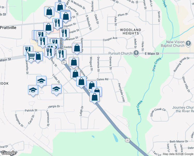 map of restaurants, bars, coffee shops, grocery stores, and more near 1030 Deramus Street in Prattville