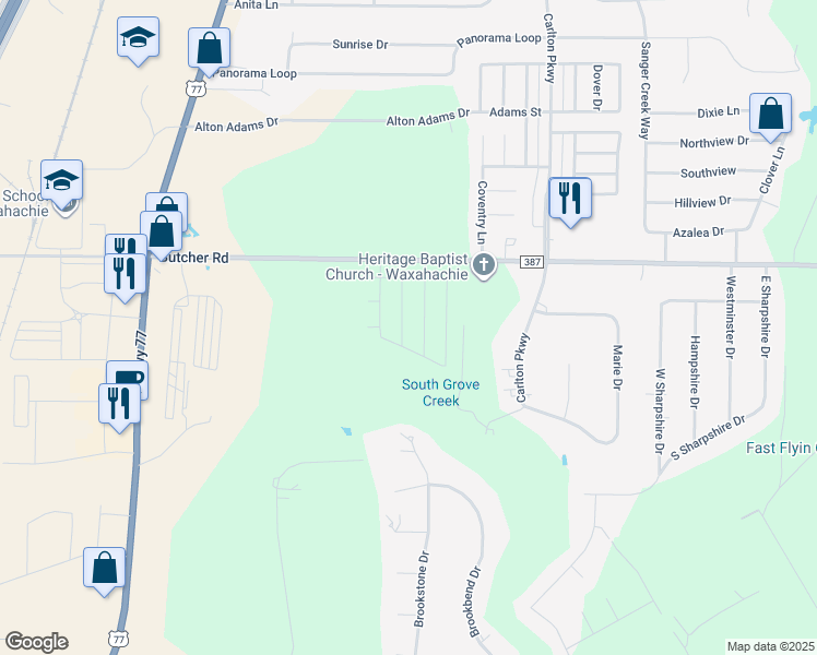 map of restaurants, bars, coffee shops, grocery stores, and more near 119 Tranquillity Lane in Waxahachie