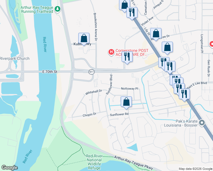 map of restaurants, bars, coffee shops, grocery stores, and more near 1302 Cairo Court in Bossier City