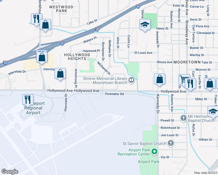 map of restaurants, bars, coffee shops, grocery stores, and more near 4828 Hollywood Avenue in Shreveport