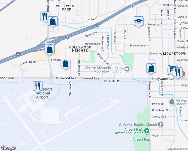 map of restaurants, bars, coffee shops, grocery stores, and more near 4910 Hollywood Avenue in Shreveport