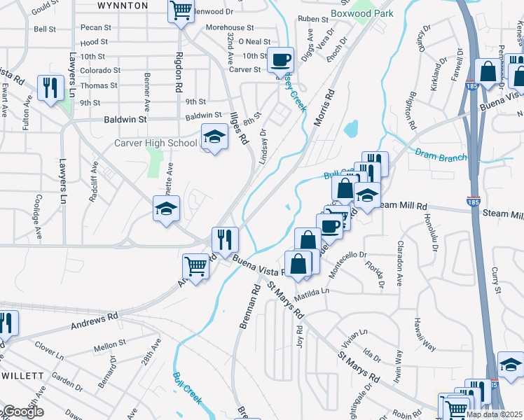 map of restaurants, bars, coffee shops, grocery stores, and more near 604 Morris Road in Columbus