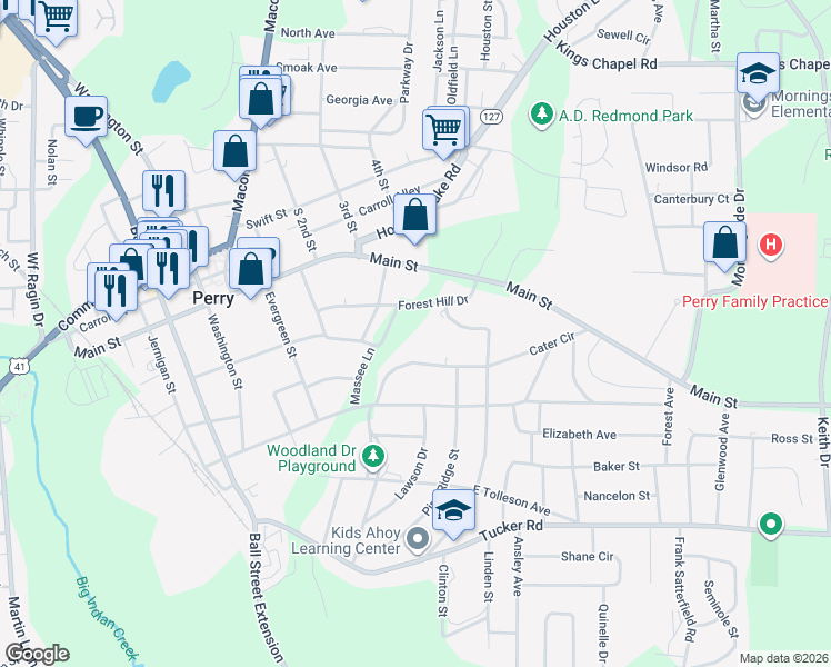 map of restaurants, bars, coffee shops, grocery stores, and more near 1213 Cater Circle in Perry