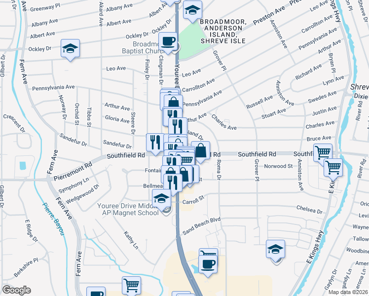 map of restaurants, bars, coffee shops, grocery stores, and more near 288 Southfield Road in Shreveport