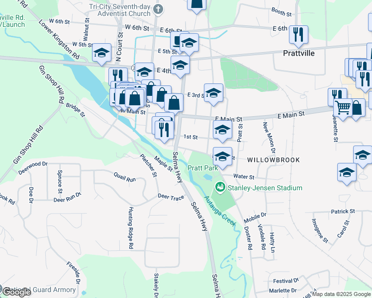 map of restaurants, bars, coffee shops, grocery stores, and more near 232 Doster Road in Prattville