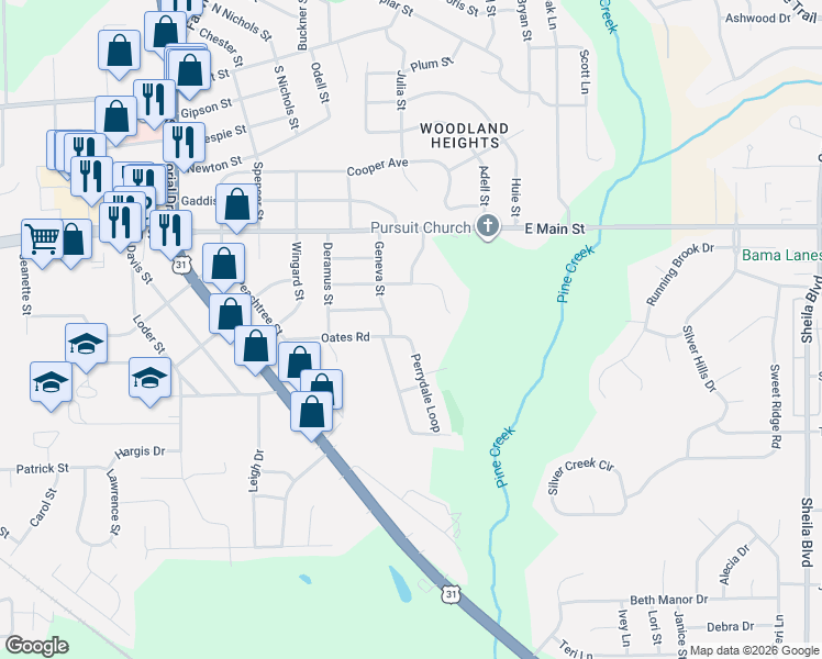 map of restaurants, bars, coffee shops, grocery stores, and more near 1203 Oates Road in Prattville