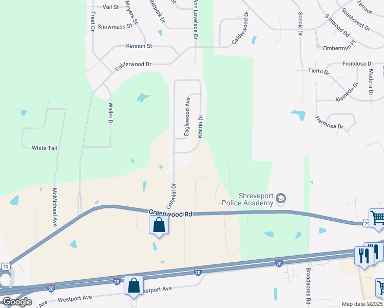 map of restaurants, bars, coffee shops, grocery stores, and more near 4381 Kristin Drive in Shreveport