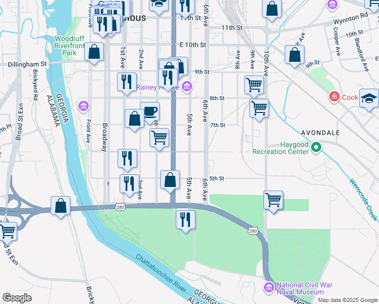 map of restaurants, bars, coffee shops, grocery stores, and more near 450 5th Avenue in Columbus