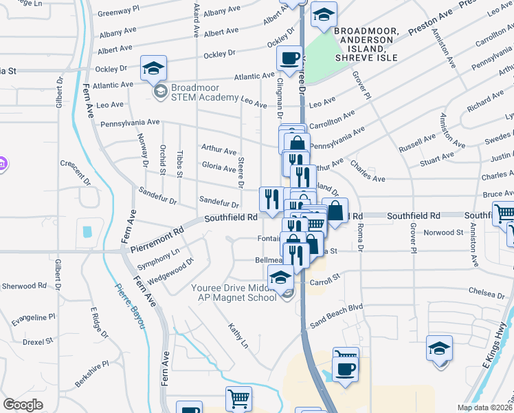 map of restaurants, bars, coffee shops, grocery stores, and more near 4531 Finley Drive in Shreveport