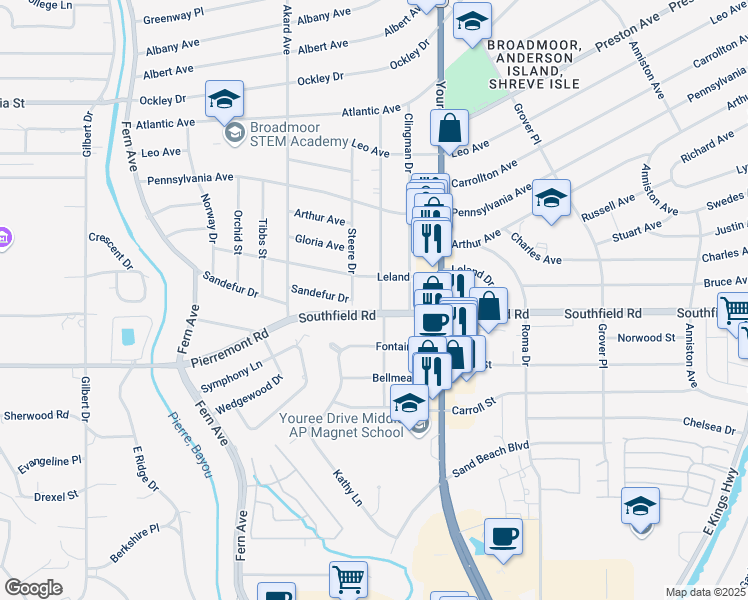 map of restaurants, bars, coffee shops, grocery stores, and more near 4524 Finley Drive in Shreveport