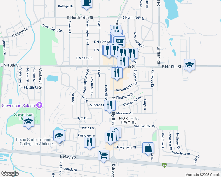 map of restaurants, bars, coffee shops, grocery stores, and more near 842 North Judge Ely Boulevard in Abilene
