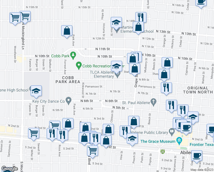 map of restaurants, bars, coffee shops, grocery stores, and more near 733 Victoria Street in Abilene