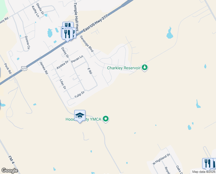 map of restaurants, bars, coffee shops, grocery stores, and more near 1301 James Road in Granbury