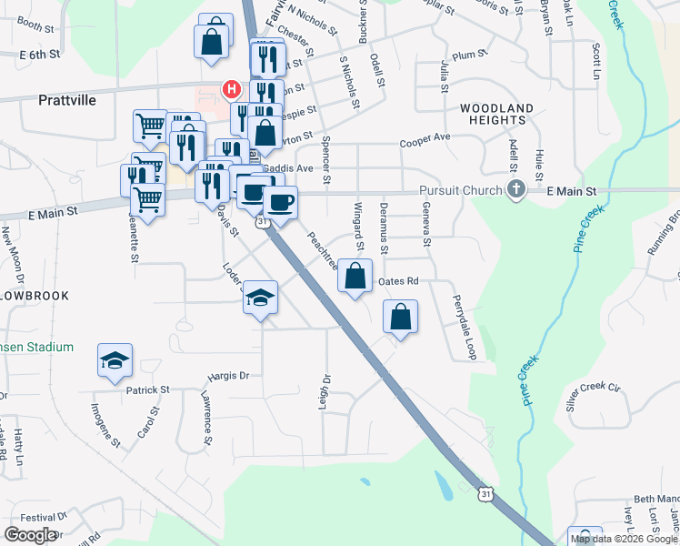 map of restaurants, bars, coffee shops, grocery stores, and more near 931 Peachtree Street in Prattville