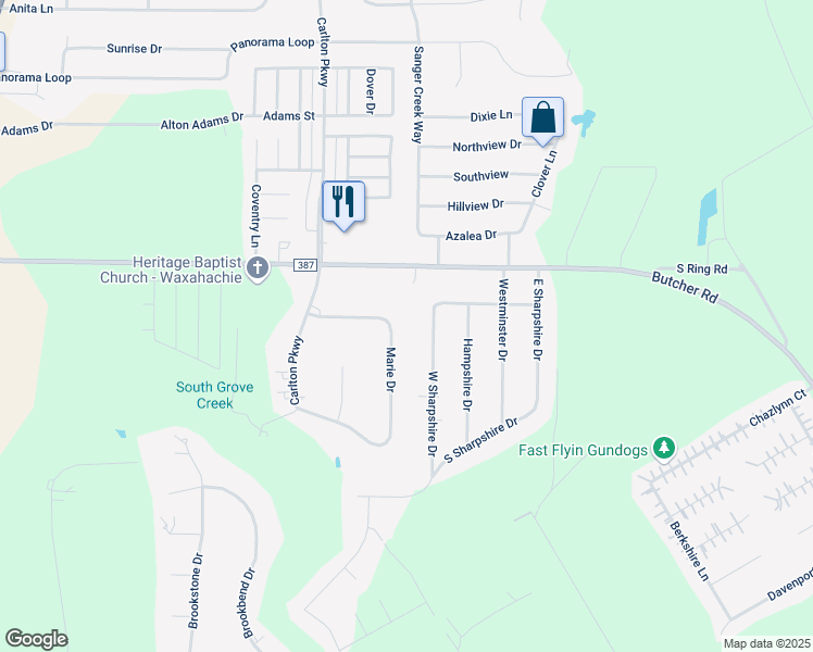 map of restaurants, bars, coffee shops, grocery stores, and more near 1129 Maree Drive in Waxahachie