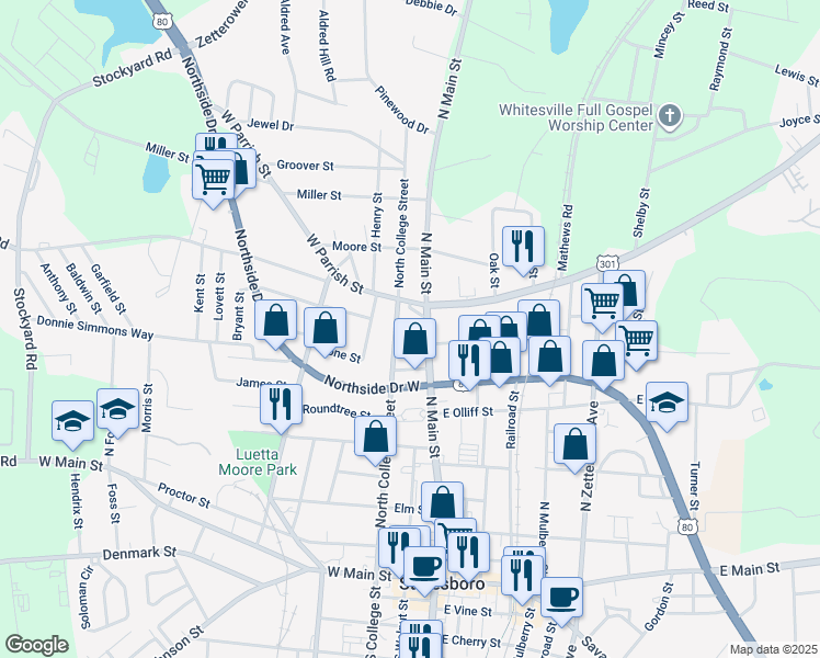 map of restaurants, bars, coffee shops, grocery stores, and more near 233 South Main Street in Statesboro