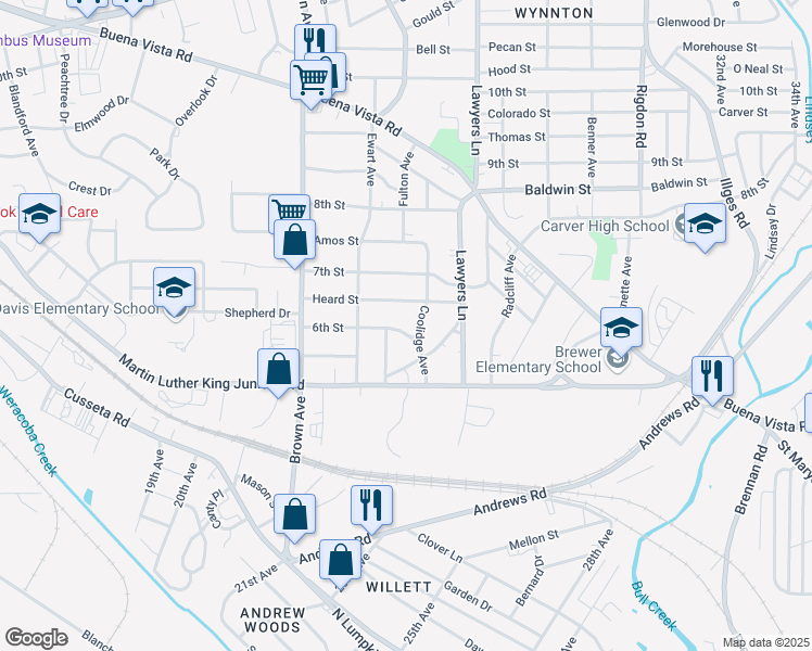 map of restaurants, bars, coffee shops, grocery stores, and more near 2405 6th Street in Columbus