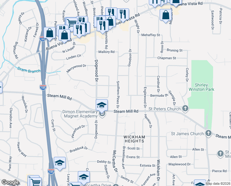 map of restaurants, bars, coffee shops, grocery stores, and more near 601 Southern Pines Drive in Columbus