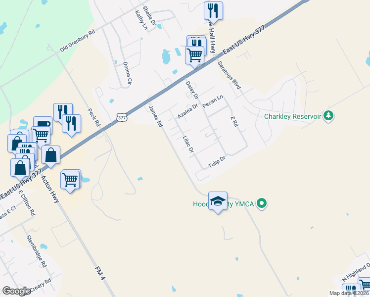 map of restaurants, bars, coffee shops, grocery stores, and more near 408 Lilac Drive in Granbury