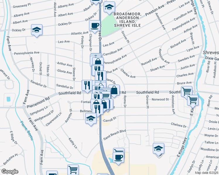 map of restaurants, bars, coffee shops, grocery stores, and more near 220 Ashley Drive in Shreveport
