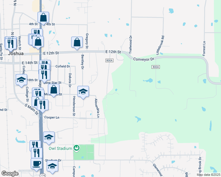 map of restaurants, bars, coffee shops, grocery stores, and more near 221 County Road 800A in Joshua