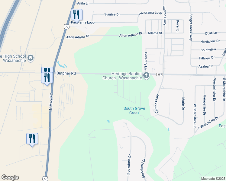 map of restaurants, bars, coffee shops, grocery stores, and more near 104 Comfort Court in Waxahachie