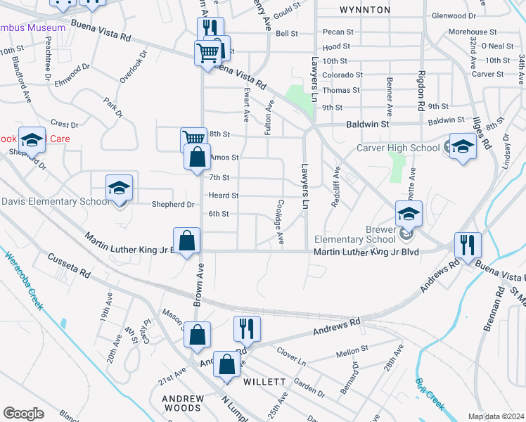 map of restaurants, bars, coffee shops, grocery stores, and more near 2405 6th Street in Columbus