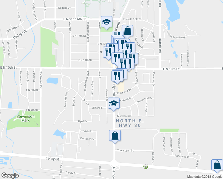 map of restaurants, bars, coffee shops, grocery stores, and more near 858 North Judge Ely Boulevard in Abilene