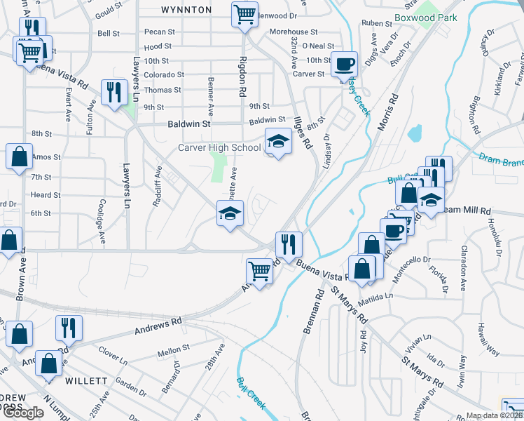 map of restaurants, bars, coffee shops, grocery stores, and more near 3 Vista Estates in Columbus